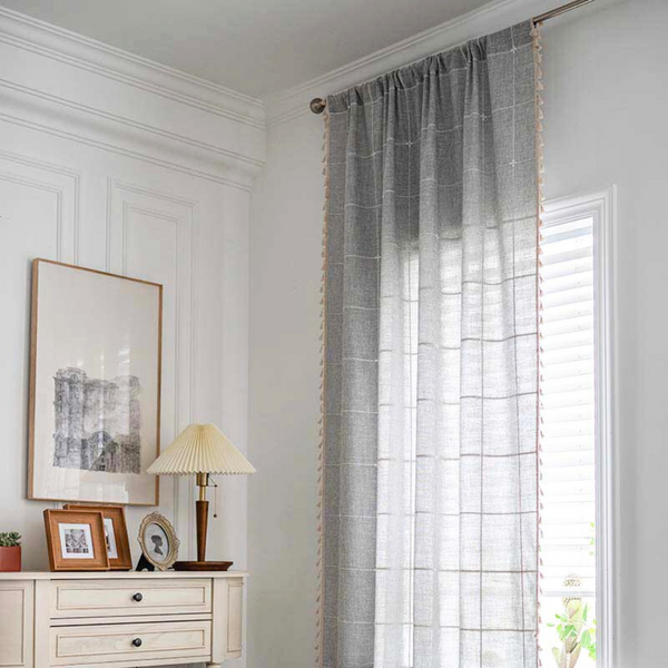 Tassel Plaid Curtain Semi Blackout Drapes