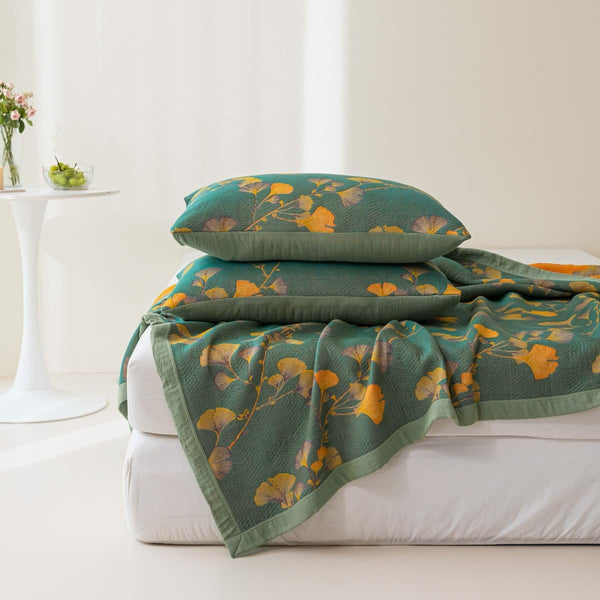 Jacquard Floral Ginkgo Leaves Reversible Quilt