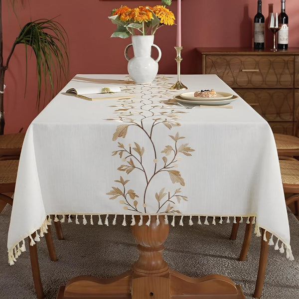 Embroidered Floral Tassel Tablecloth