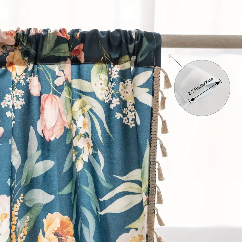 Navy Floral Tassel Curtains