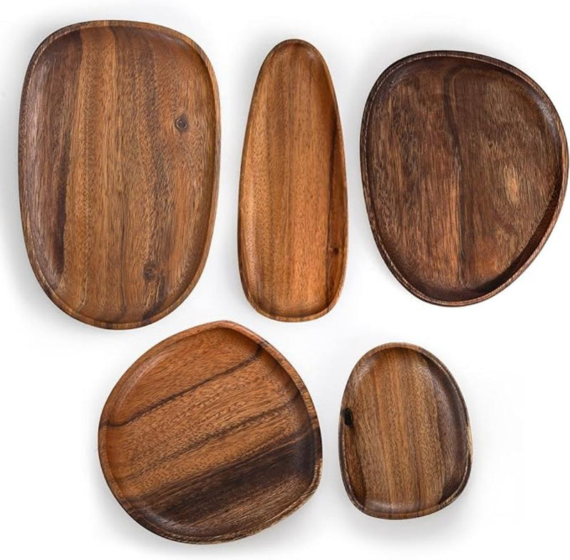 Oval Shaped Acacia Wood Serving Trays Set