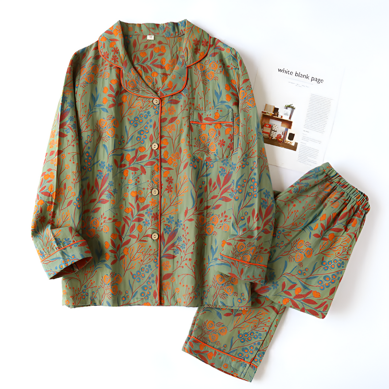 Vintage Leaf Cotton Lapel Loungewear Set